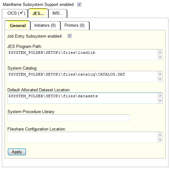 Screenshot of Enterprise Server JES General tab