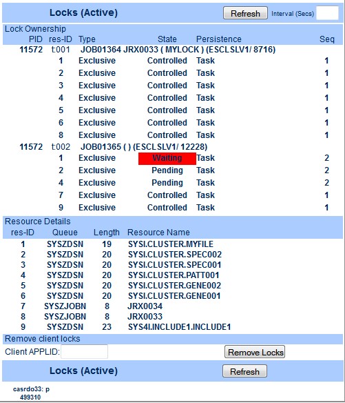 Screenshot of an active Locks screen in ESMAC, showing all locks